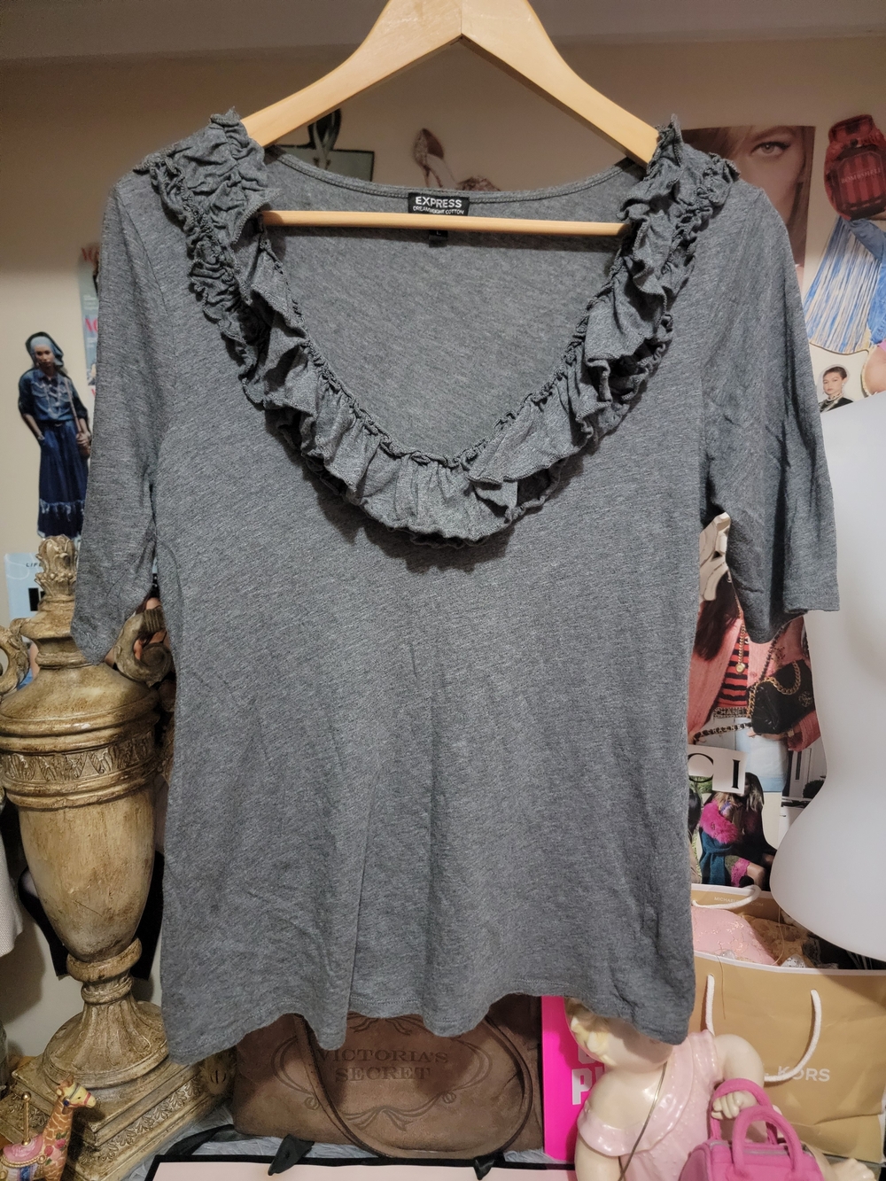 Express Gray Ruffle Neckline Top - Picture 2 of 4